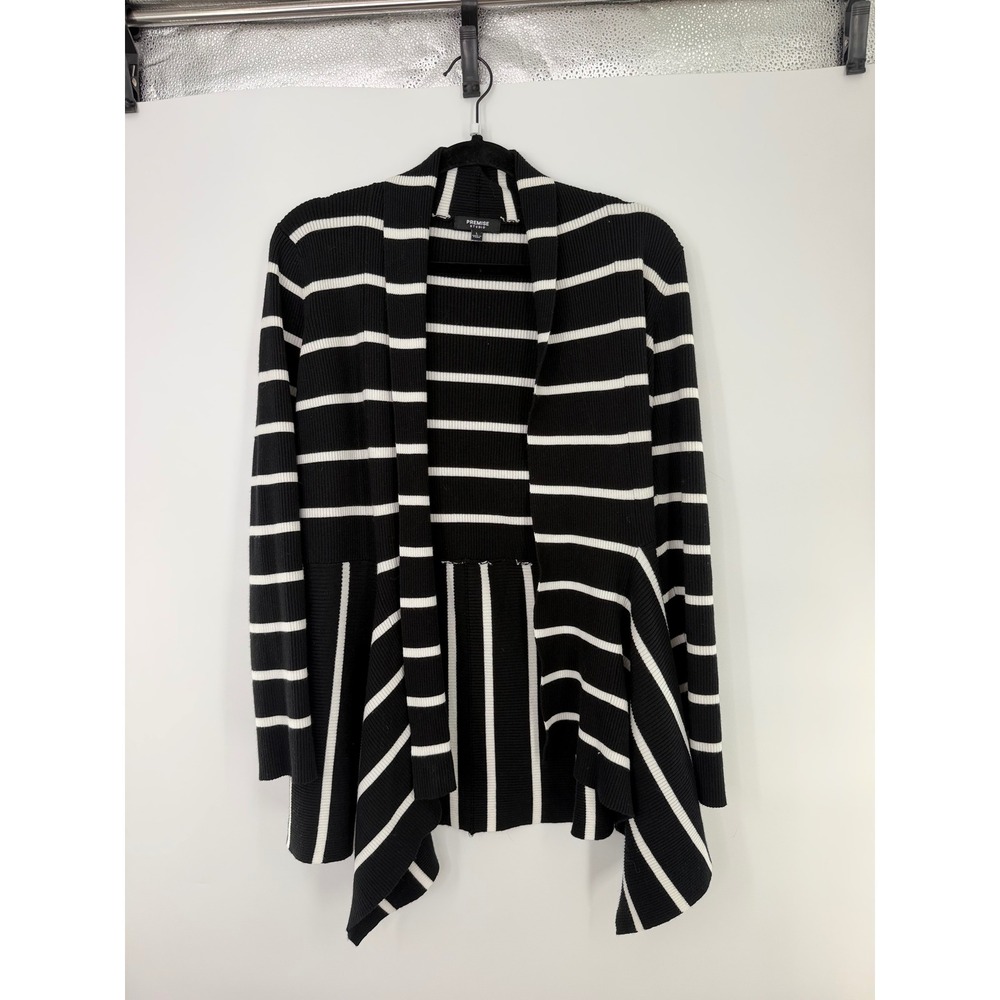 Premise Studio Womens L Black White Striped Open Front Ribbed Cardigan Peplum